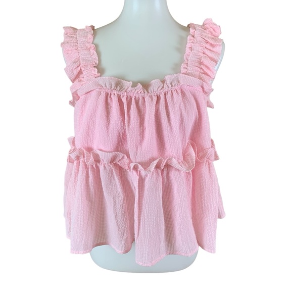 Mable Pink Ruffle Peplum Top L Cottagecore Gingham Textured Babydoll - Picture 2 of 6